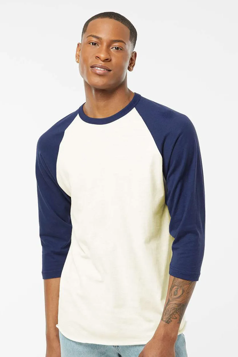 Tultex Mens Fine Jersey Raglan 3/4 Sleeve Crewneck T-Shirt - Vintage White/Inked India Blue