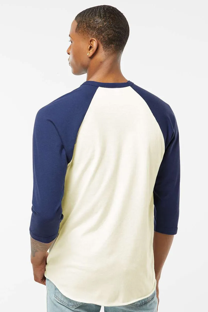 Tultex Mens Fine Jersey Raglan 3/4 Sleeve Crewneck T-Shirt - Vintage White/Inked India Blue