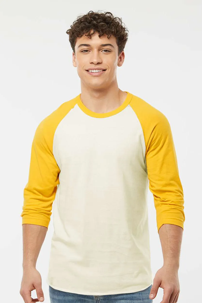 Tultex Mens Fine Jersey Raglan 3/4 Sleeve Crewneck T-Shirt - Vintage White/Mellow Yellow