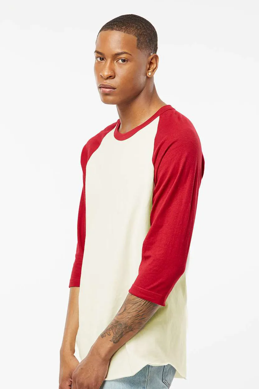 Tultex Mens Fine Jersey Raglan 3/4 Sleeve Crewneck T-Shirt - Vintage White/Rio Red