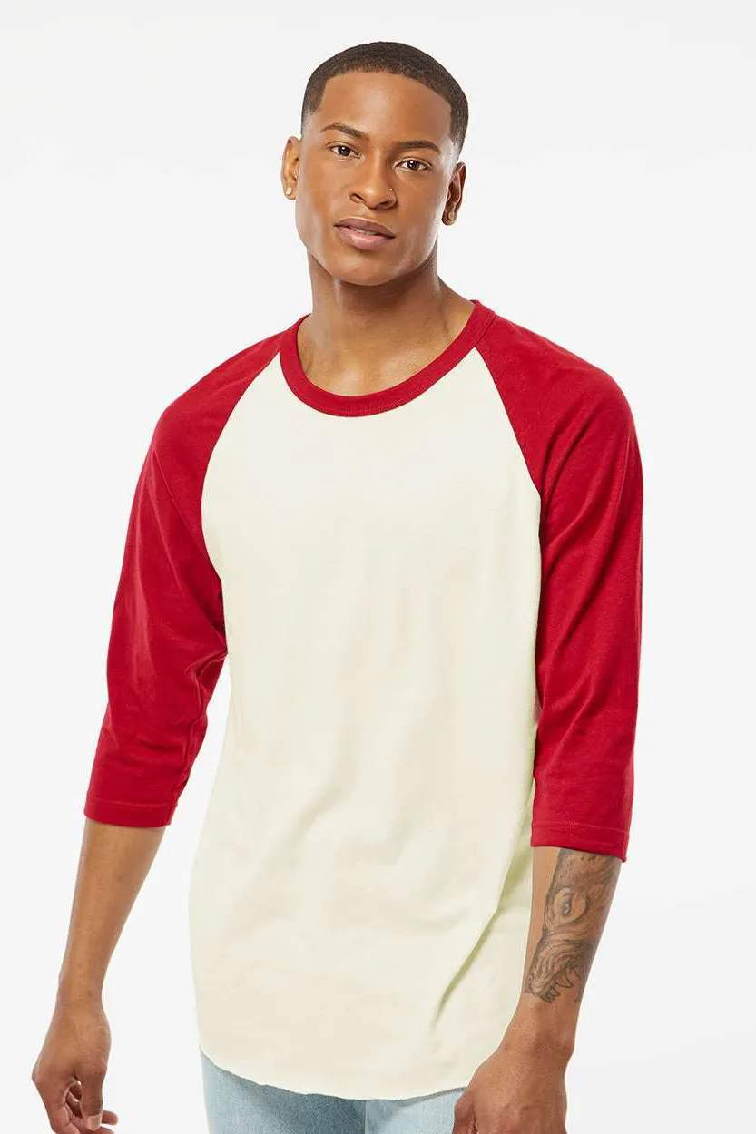 Tultex Mens Fine Jersey Raglan 3/4 Sleeve Crewneck T-Shirt - Vintage White/Rio Red