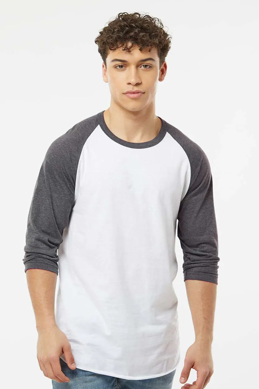 Tultex Mens Fine Jersey Raglan 3/4 Sleeve Crewneck T-Shirt - White/Heather Charcoal Grey