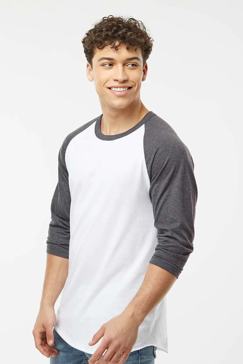 Tultex Mens Fine Jersey Raglan 3/4 Sleeve Crewneck T-Shirt - White/Heather Charcoal Grey