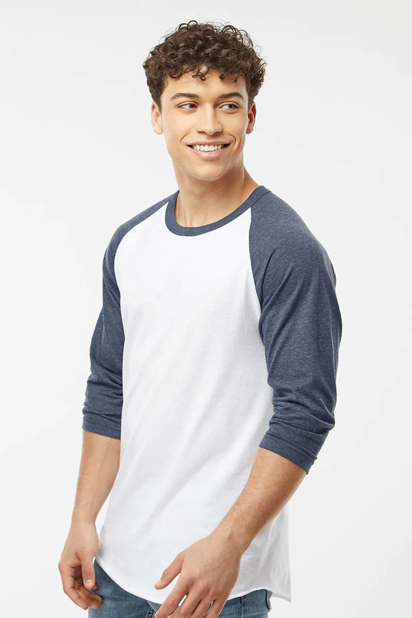 Tultex Mens Fine Jersey Raglan 3/4 Sleeve Crewneck T-Shirt - White/Heather Denim Blue
