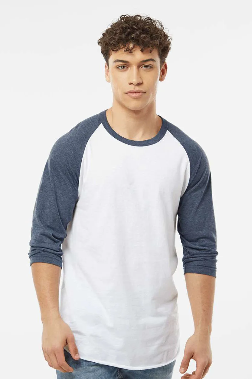 Tultex Mens Fine Jersey Raglan 3/4 Sleeve Crewneck T-Shirt - White/Heather Denim Blue