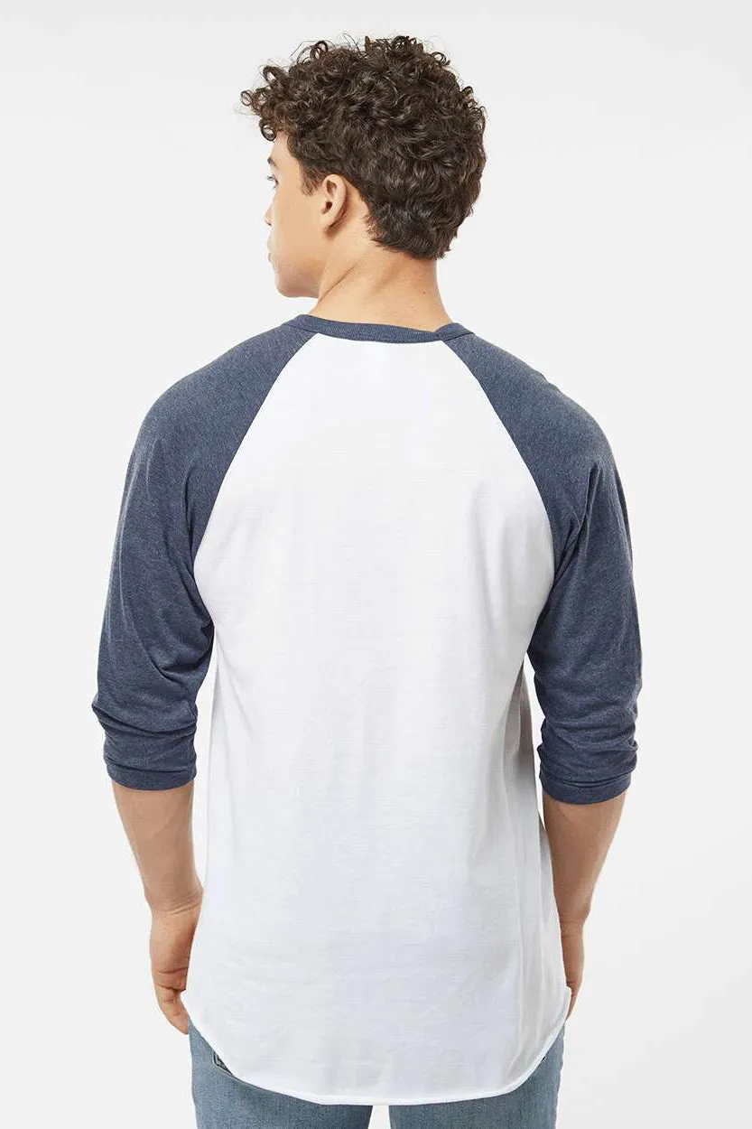 Tultex Mens Fine Jersey Raglan 3/4 Sleeve Crewneck T-Shirt - White/Heather Denim Blue
