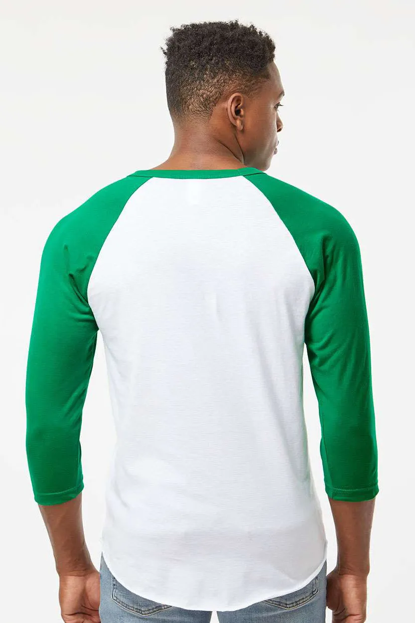Tultex Mens Fine Jersey Raglan 3/4 Sleeve Crewneck T-Shirt - White/Kelly Green