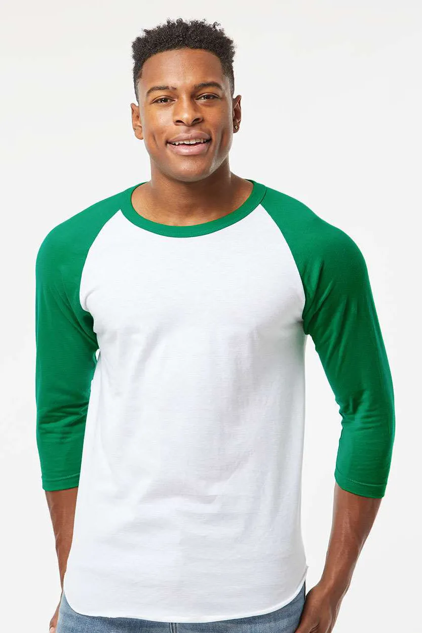 Tultex Mens Fine Jersey Raglan 3/4 Sleeve Crewneck T-Shirt - White/Kelly Green