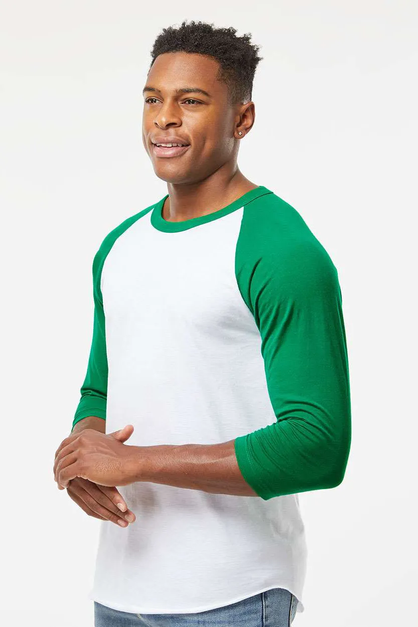 Tultex Mens Fine Jersey Raglan 3/4 Sleeve Crewneck T-Shirt - White/Kelly Green