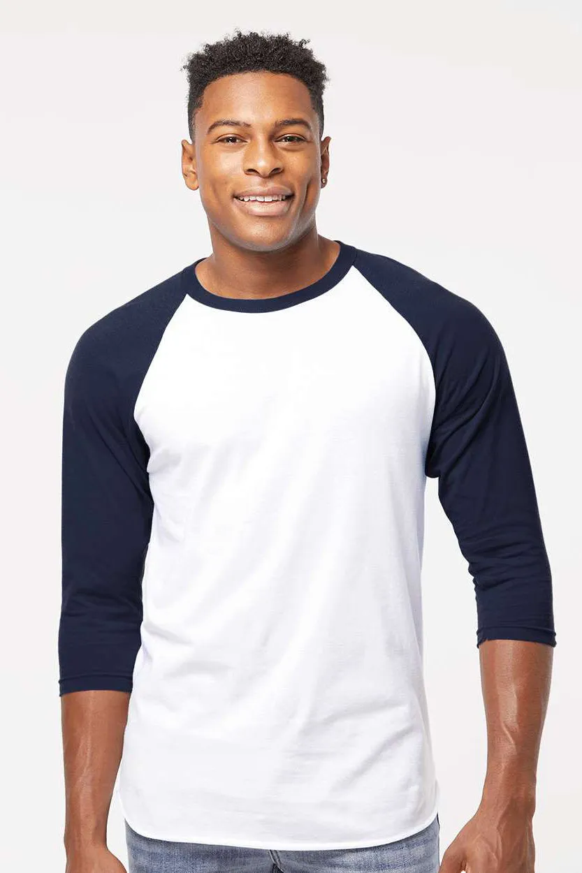 Tultex Mens Fine Jersey Raglan 3/4 Sleeve Crewneck T-Shirt - White/Navy Blue