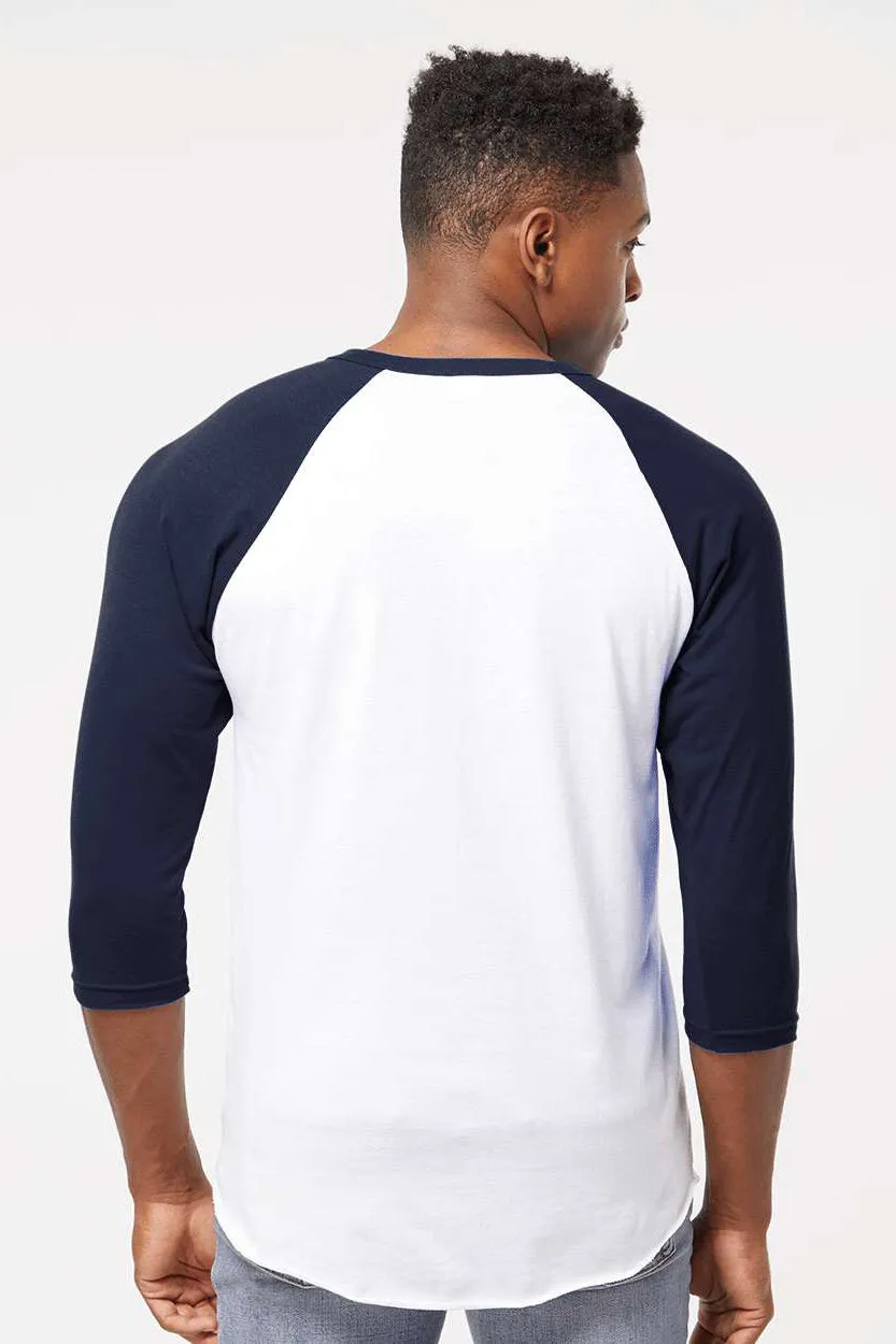 Tultex Mens Fine Jersey Raglan 3/4 Sleeve Crewneck T-Shirt - White/Navy Blue