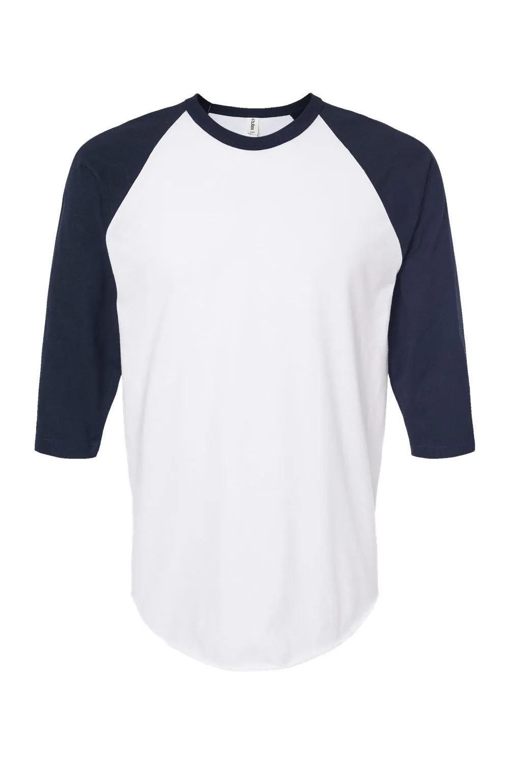 Tultex Mens Fine Jersey Raglan 3/4 Sleeve Crewneck T-Shirt - White/Navy Blue