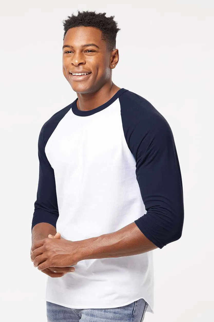 Tultex Mens Fine Jersey Raglan 3/4 Sleeve Crewneck T-Shirt - White/Navy Blue