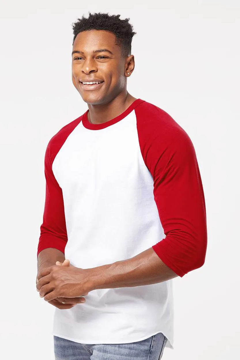 Tultex Mens Fine Jersey Raglan 3/4 Sleeve Crewneck T-Shirt - White/Red