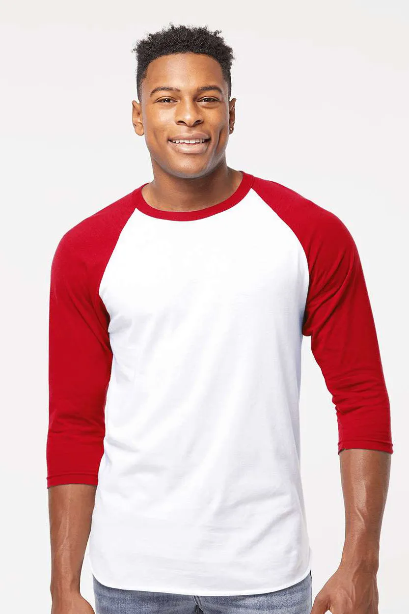 Tultex Mens Fine Jersey Raglan 3/4 Sleeve Crewneck T-Shirt - White/Red