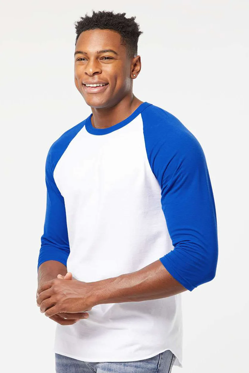 Tultex Mens Fine Jersey Raglan 3/4 Sleeve Crewneck T-Shirt - White/Royal Blue