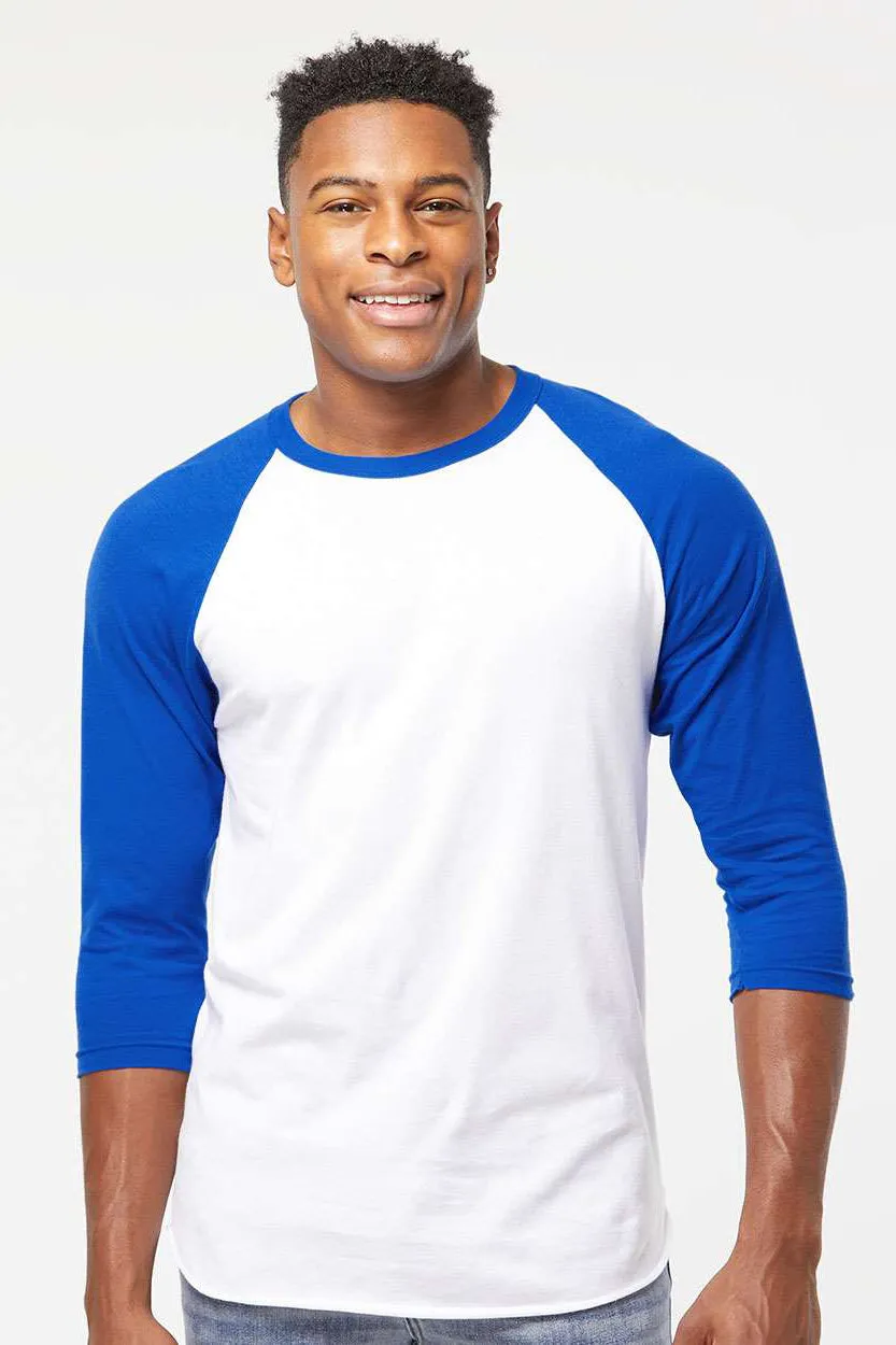 Tultex Mens Fine Jersey Raglan 3/4 Sleeve Crewneck T-Shirt - White/Royal Blue