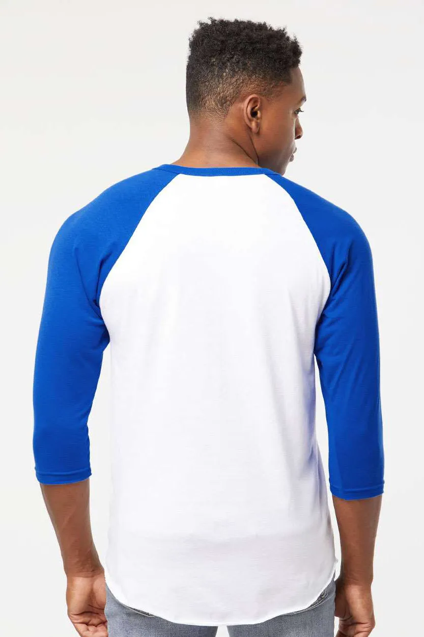 Tultex Mens Fine Jersey Raglan 3/4 Sleeve Crewneck T-Shirt - White/Royal Blue