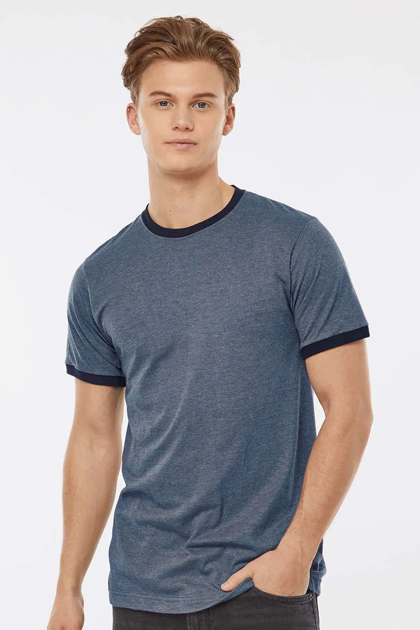 Tultex Mens Fine Jersey Ringer Short Sleeve Crewneck T-Shirt - Heather Denim Blue/Navy Blue