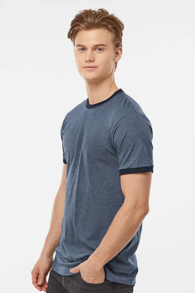 Tultex Mens Fine Jersey Ringer Short Sleeve Crewneck T-Shirt - Heather Denim Blue/Navy Blue