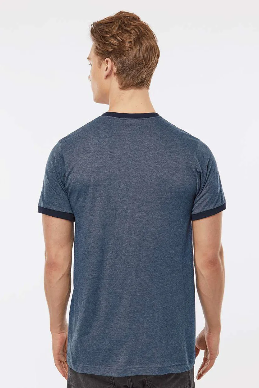 Tultex Mens Fine Jersey Ringer Short Sleeve Crewneck T-Shirt - Heather Denim Blue/Navy Blue