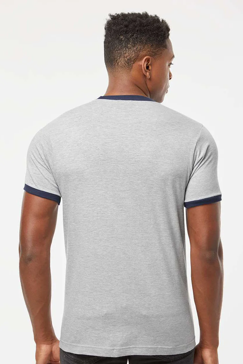 Tultex Mens Fine Jersey Ringer Short Sleeve Crewneck T-Shirt - Heather Grey/Navy Blue