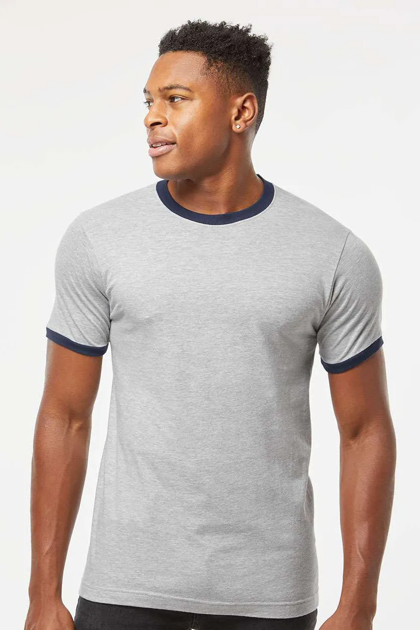 Tultex Mens Fine Jersey Ringer Short Sleeve Crewneck T-Shirt - Heather Grey/Navy Blue