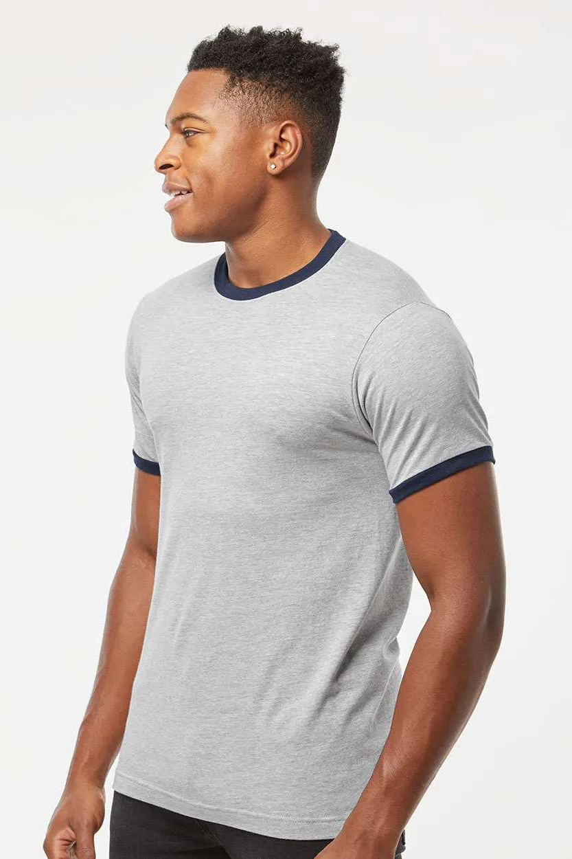 Tultex Mens Fine Jersey Ringer Short Sleeve Crewneck T-Shirt - Heather Grey/Navy Blue