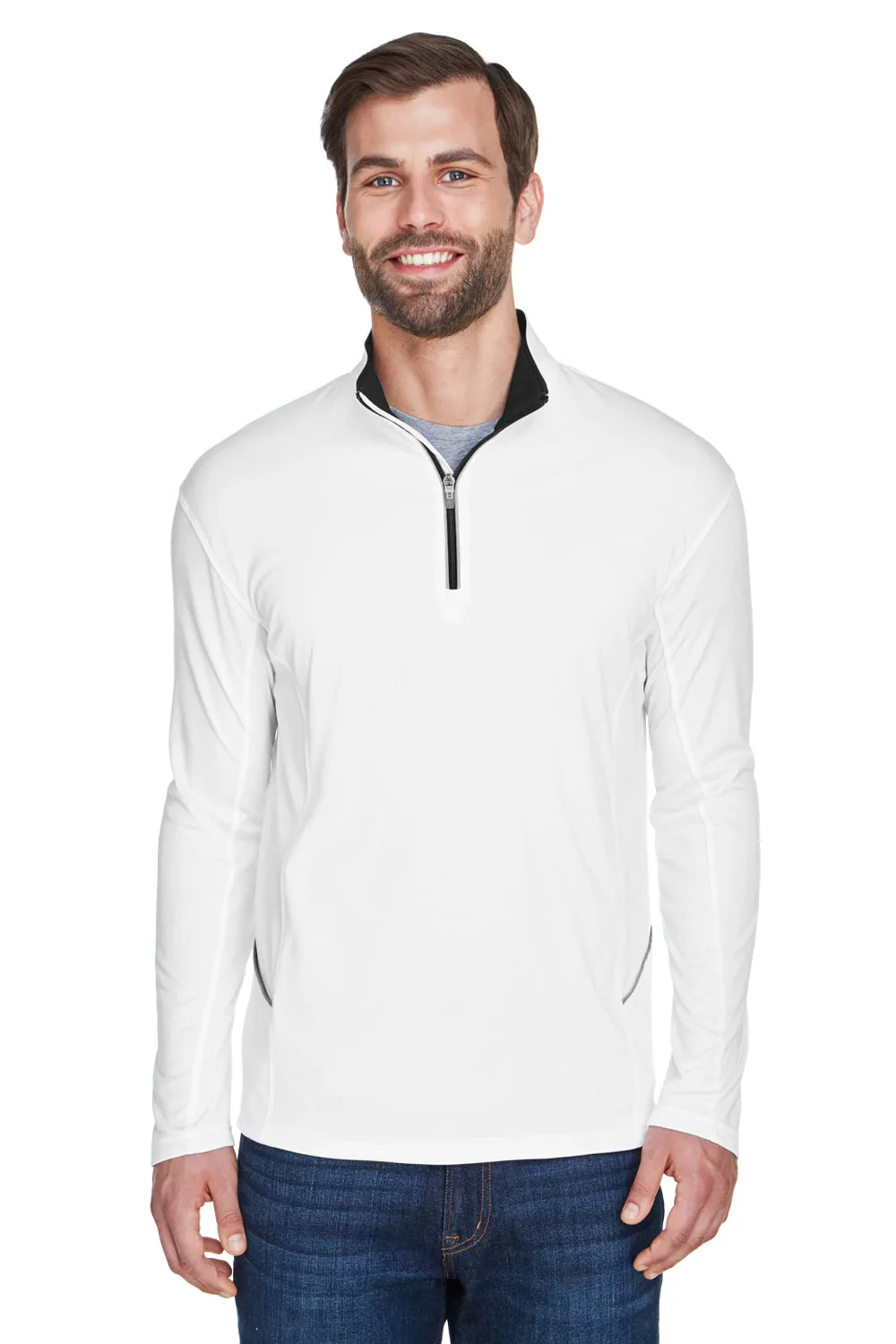 UltraClub Mens Cool & Dry Moisture Wicking 1/4 Zip Sweatshirt w/ Pocket - White