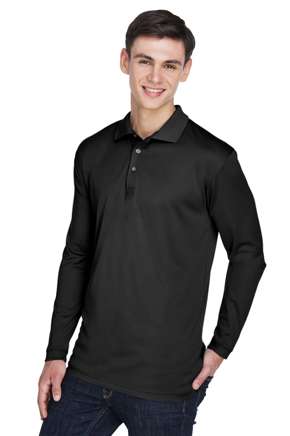 UltraClub Mens Cool & Dry Moisture Wicking Long Sleeve Polo Shirt - Black
