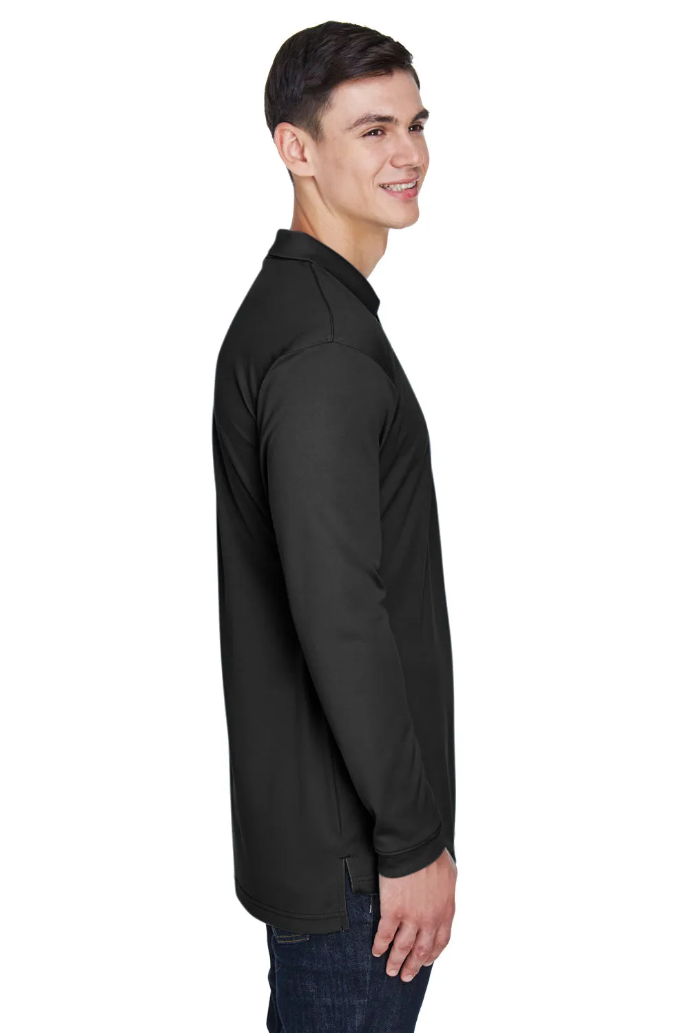 UltraClub Mens Cool & Dry Moisture Wicking Long Sleeve Polo Shirt - Black