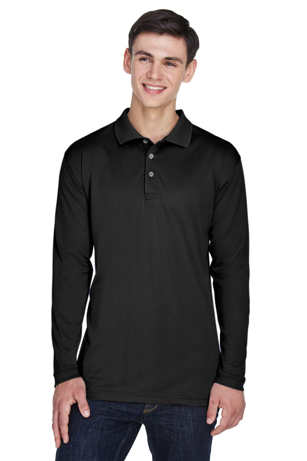 UltraClub Mens Cool & Dry Moisture Wicking Long Sleeve Polo Shirt - Black