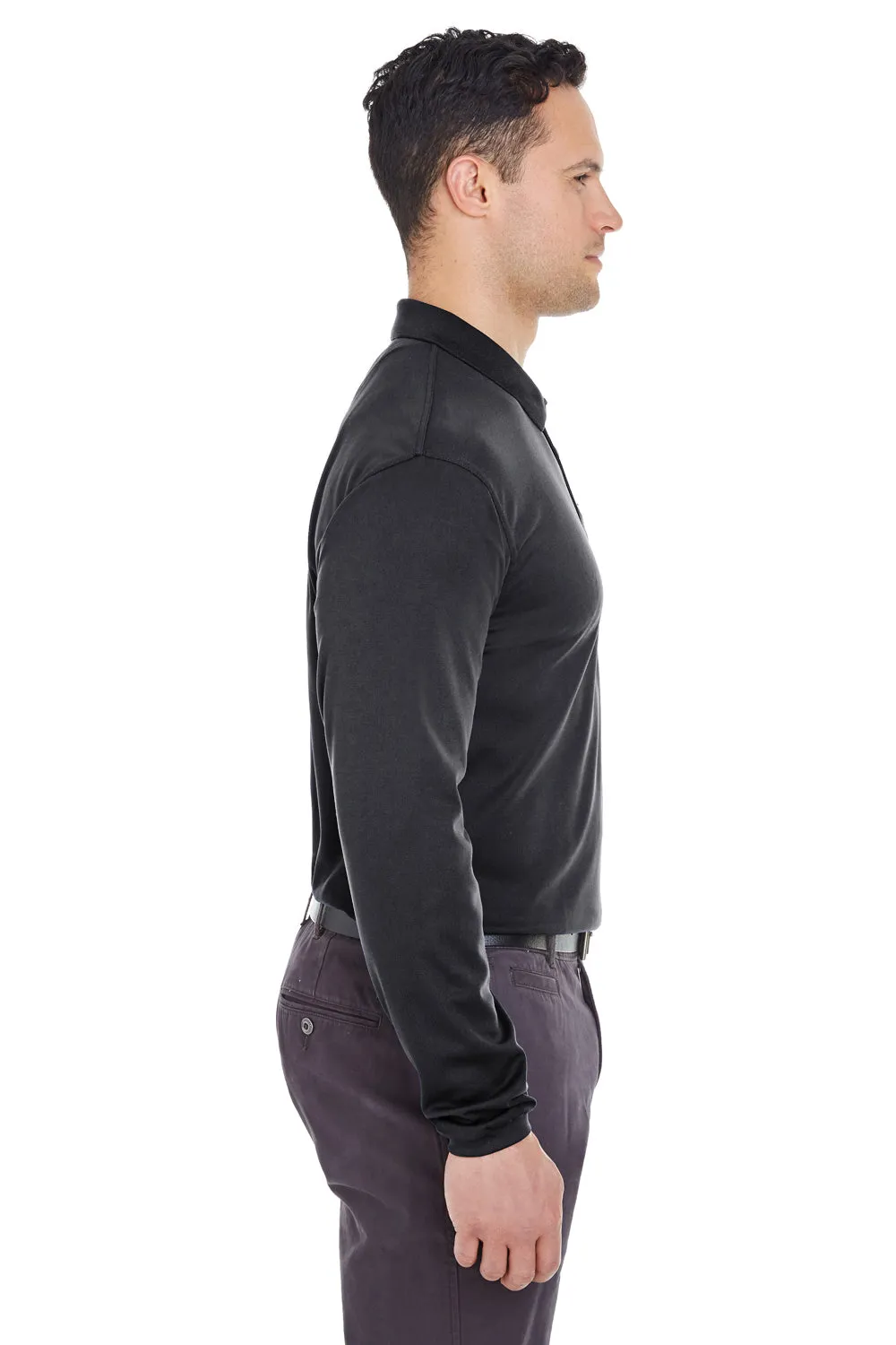 UltraClub Mens Cool & Dry Moisture Wicking Long Sleeve Polo Shirt - Black