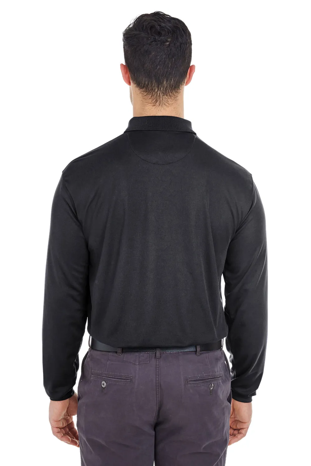 UltraClub Mens Cool & Dry Moisture Wicking Long Sleeve Polo Shirt - Black