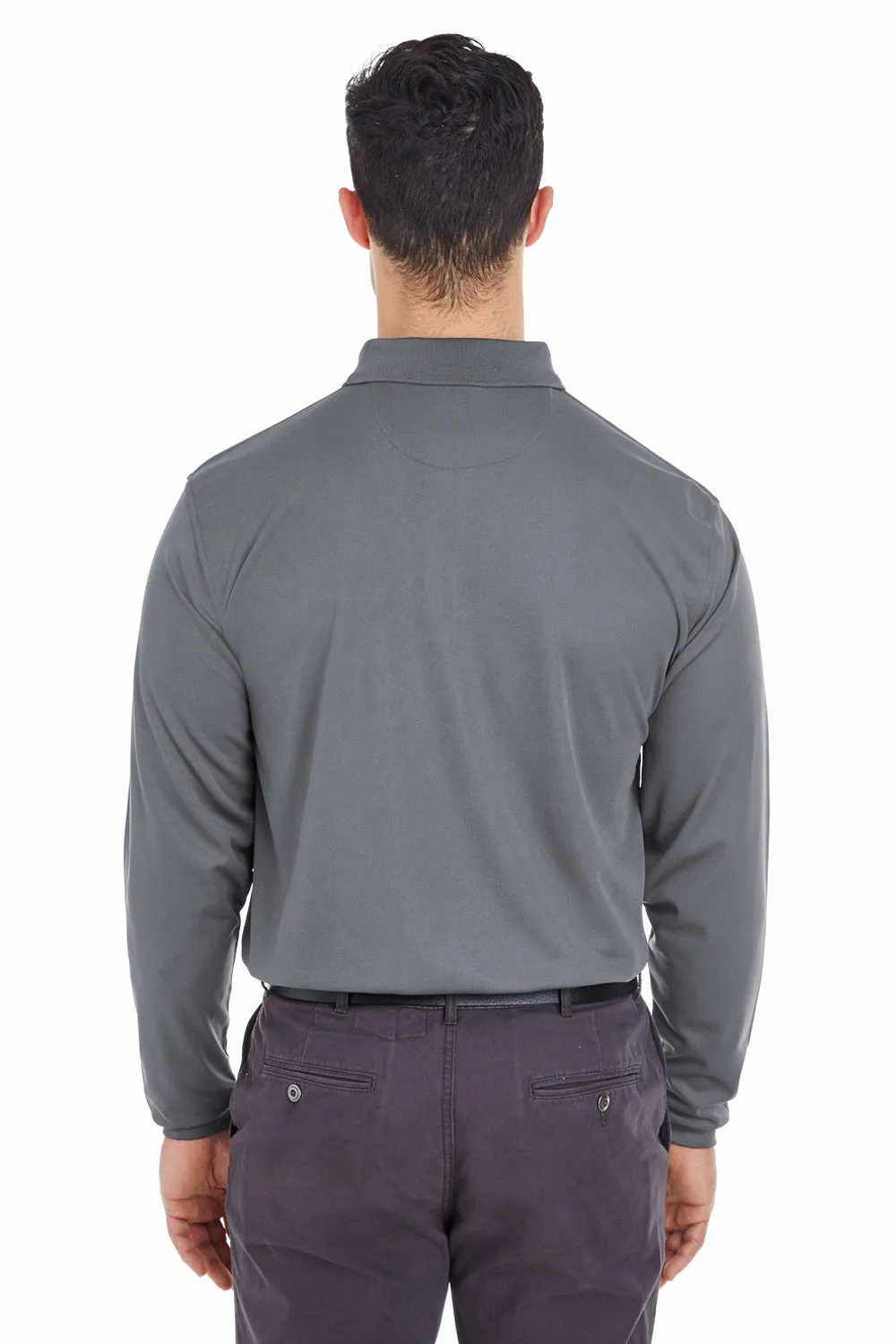 UltraClub Mens Cool & Dry Moisture Wicking Long Sleeve Polo Shirt - Charcoal Grey