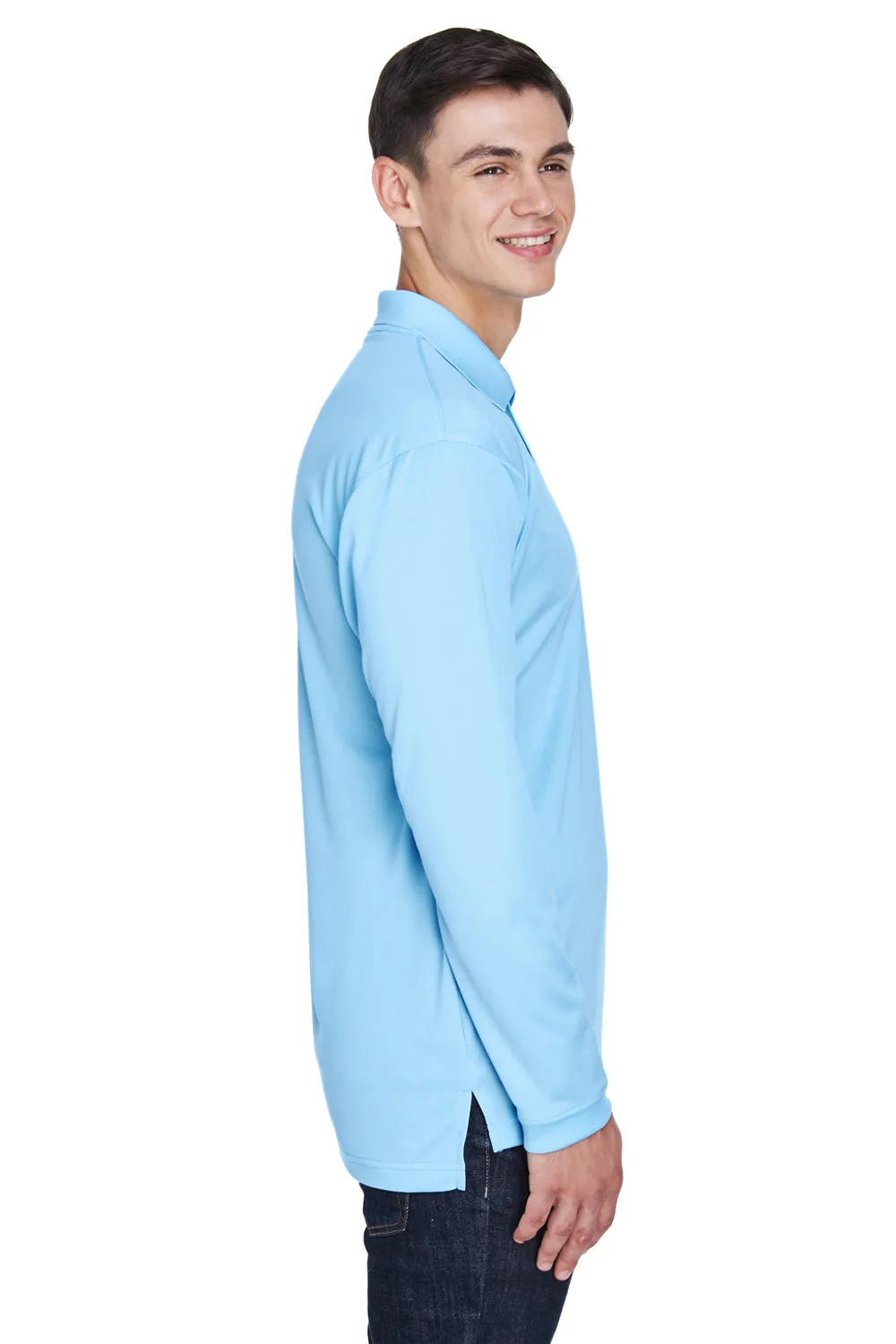 UltraClub Mens Cool & Dry Moisture Wicking Long Sleeve Polo Shirt - Columbia Blue