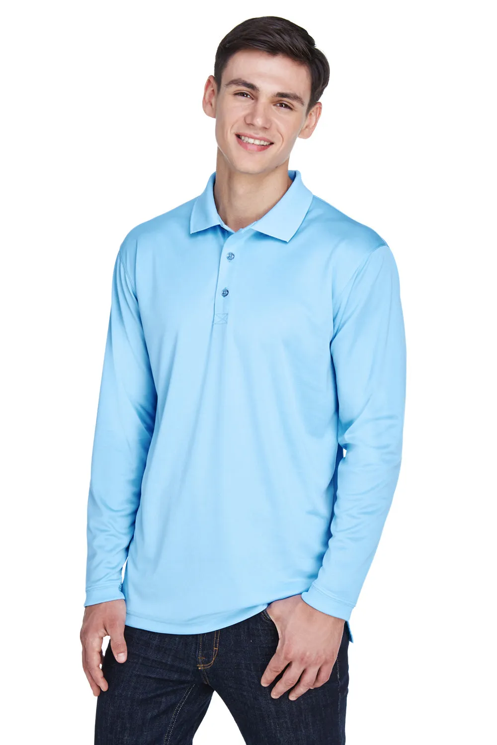 UltraClub Mens Cool & Dry Moisture Wicking Long Sleeve Polo Shirt - Columbia Blue