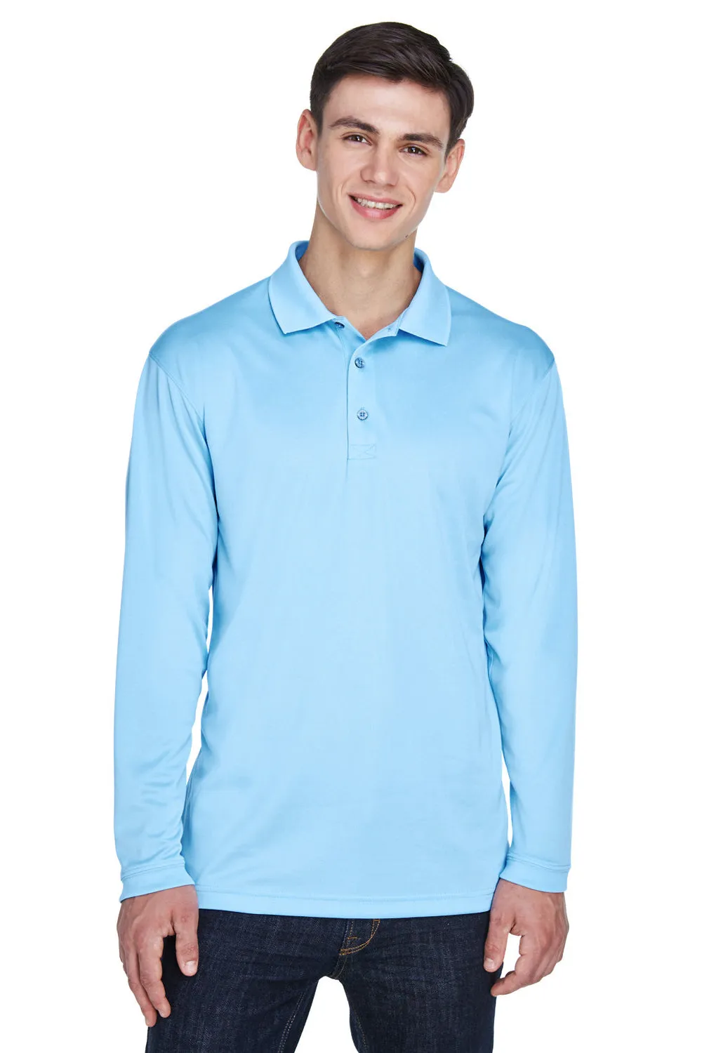 UltraClub Mens Cool & Dry Moisture Wicking Long Sleeve Polo Shirt - Columbia Blue