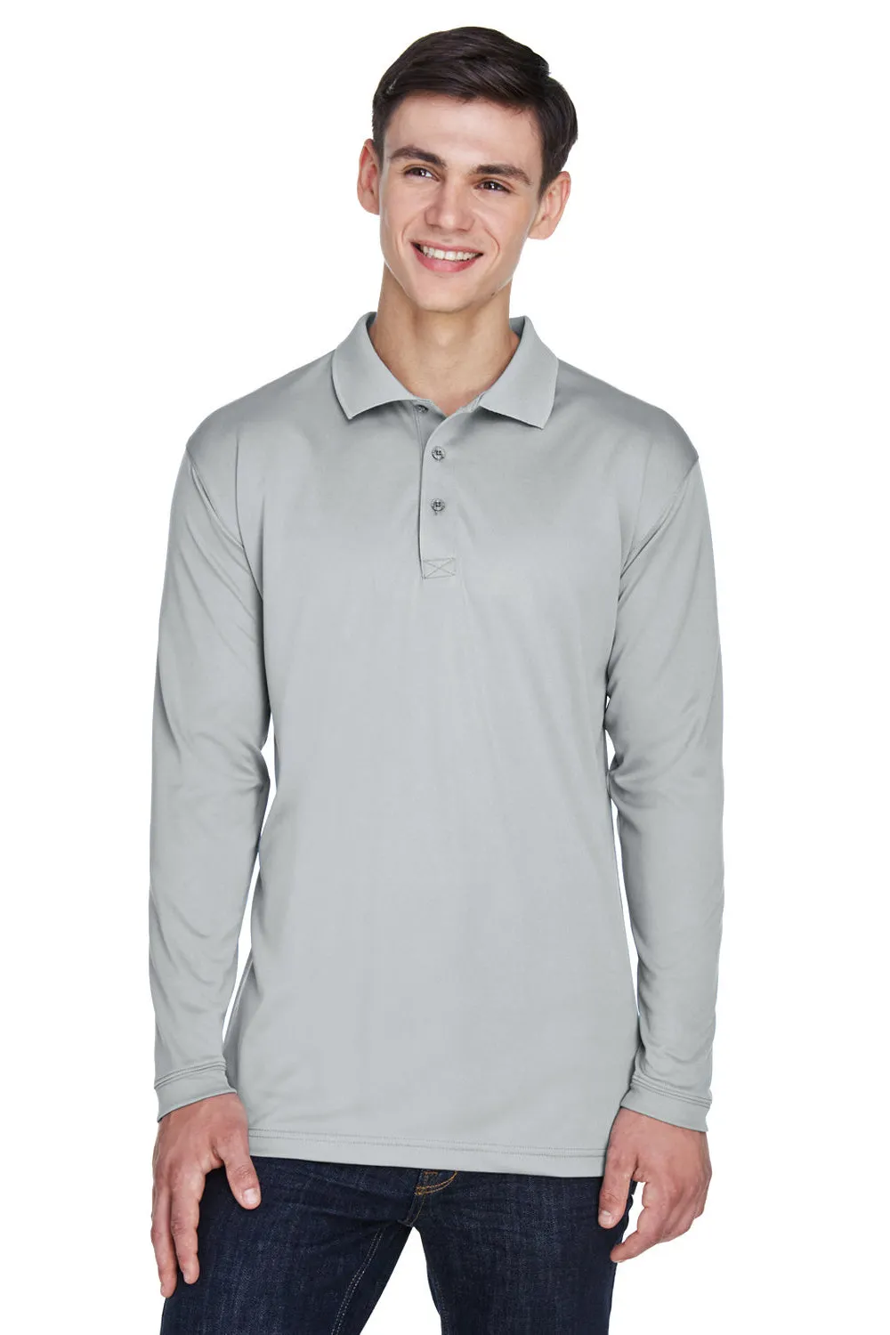 UltraClub Mens Cool & Dry Moisture Wicking Long Sleeve Polo Shirt - Grey
