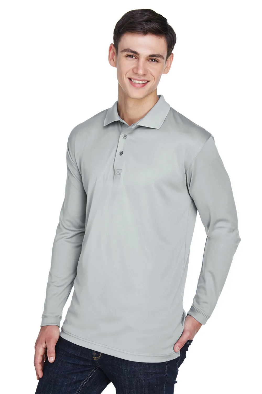 UltraClub Mens Cool & Dry Moisture Wicking Long Sleeve Polo Shirt - Grey