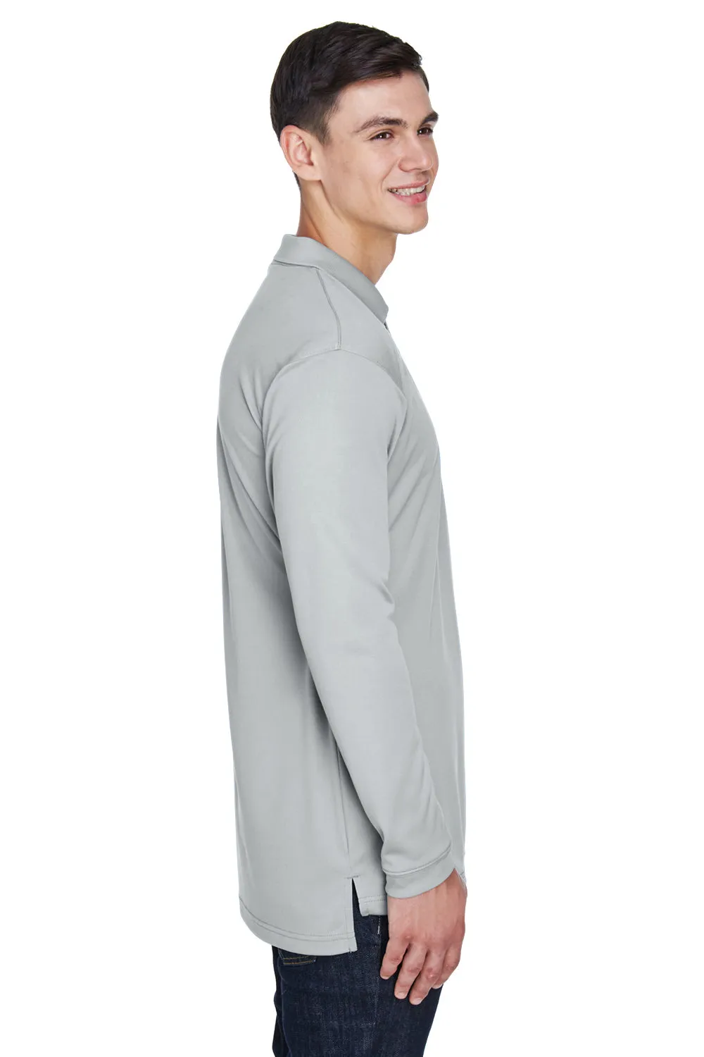UltraClub Mens Cool & Dry Moisture Wicking Long Sleeve Polo Shirt - Grey