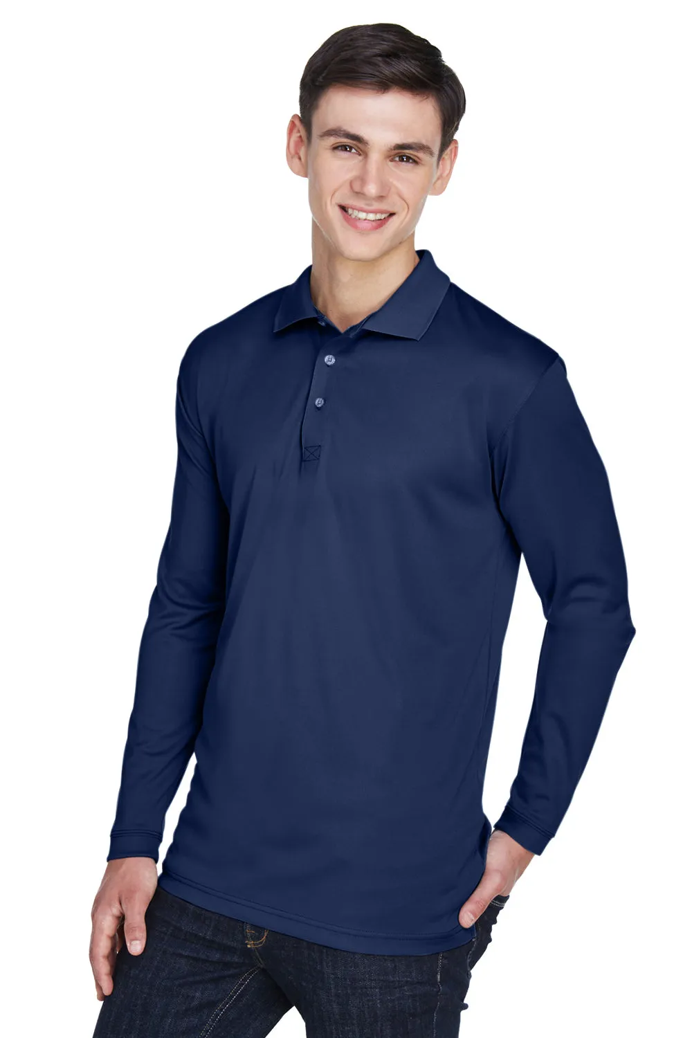 UltraClub Mens Cool & Dry Moisture Wicking Long Sleeve Polo Shirt - Navy Blue