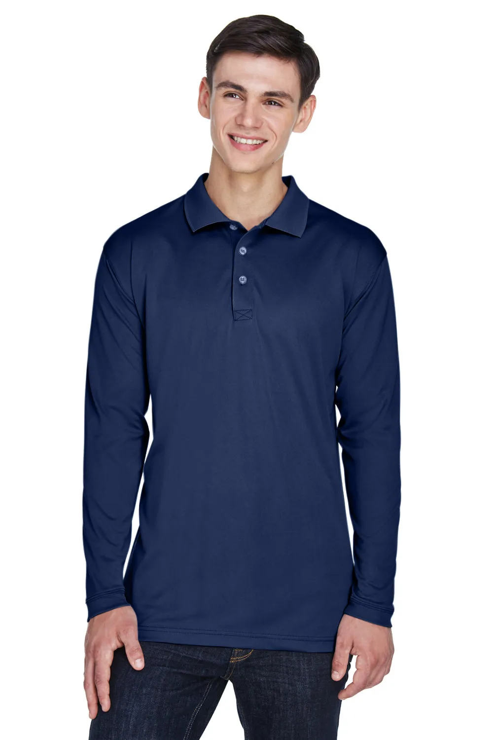 UltraClub Mens Cool & Dry Moisture Wicking Long Sleeve Polo Shirt - Navy Blue