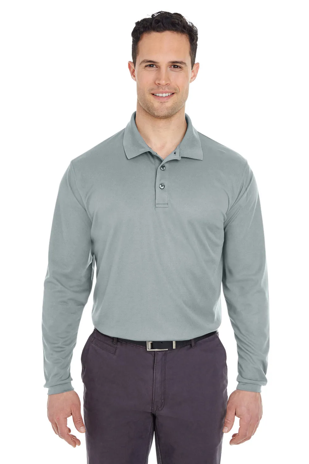UltraClub Mens Cool & Dry Moisture Wicking Long Sleeve Polo Shirt - Silver Grey