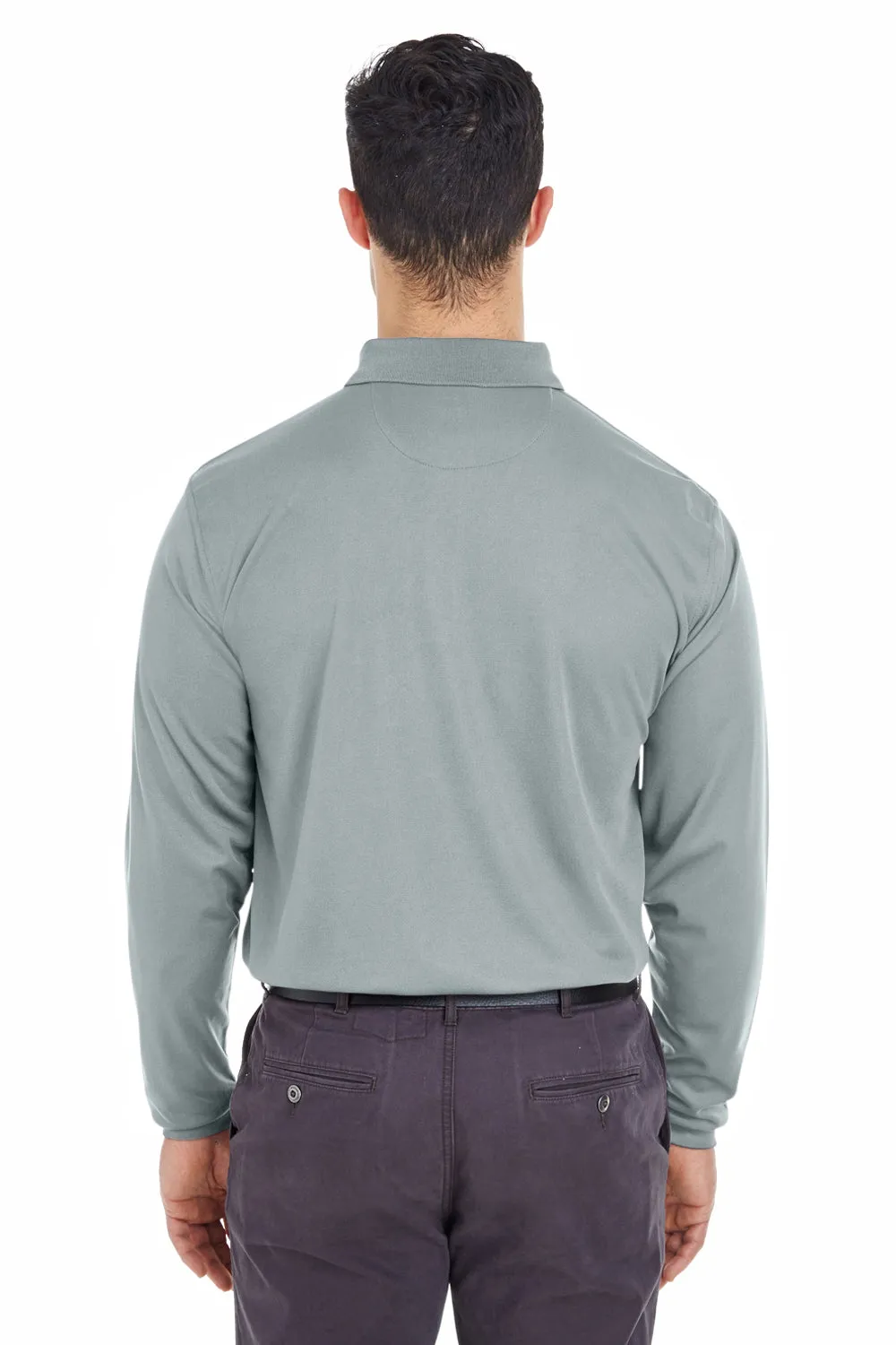 UltraClub Mens Cool & Dry Moisture Wicking Long Sleeve Polo Shirt - Silver Grey