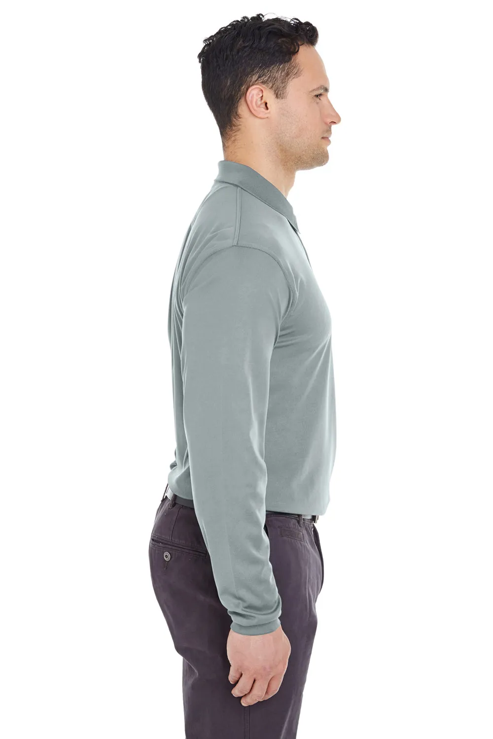 UltraClub Mens Cool & Dry Moisture Wicking Long Sleeve Polo Shirt - Silver Grey