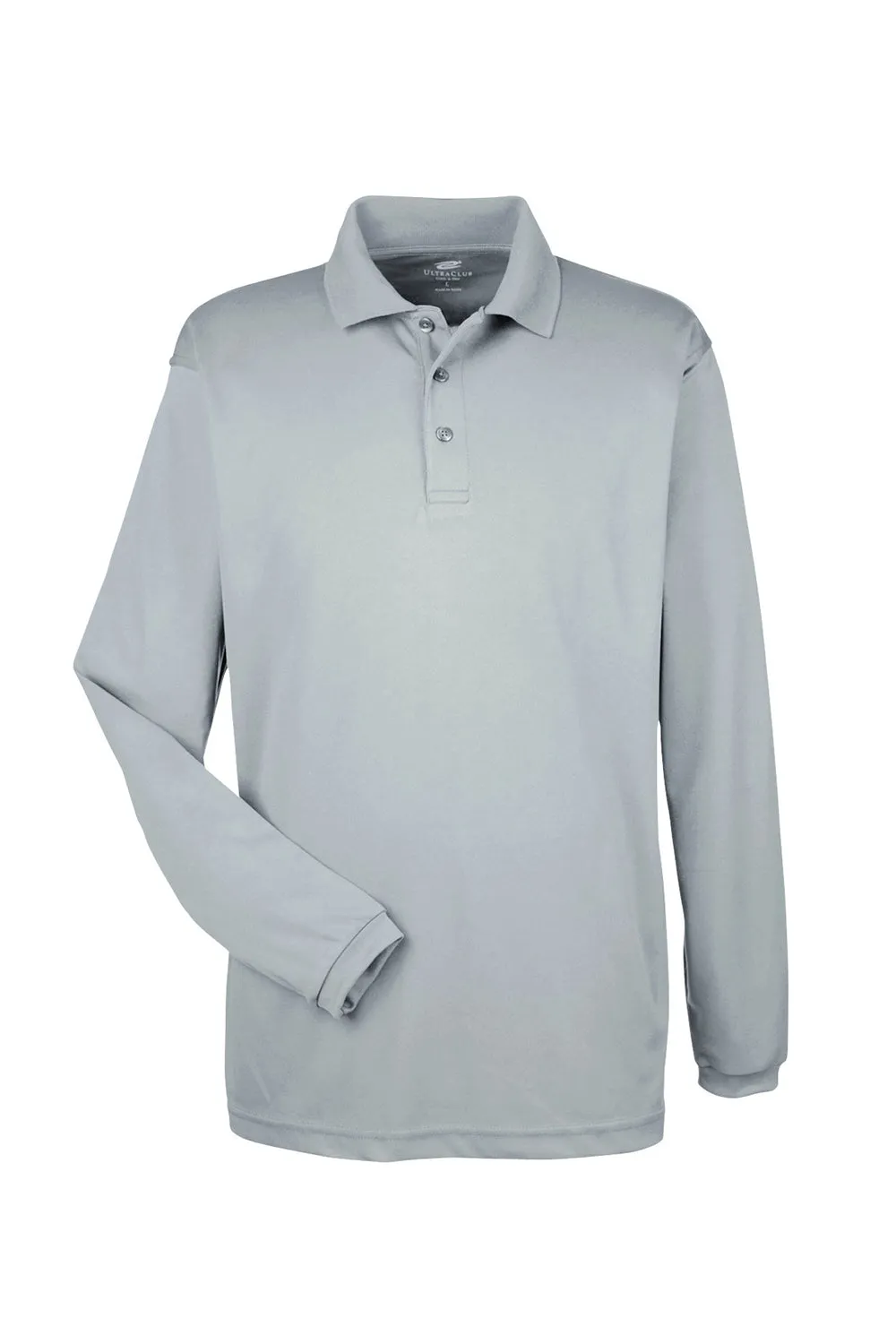 UltraClub Mens Cool & Dry Moisture Wicking Long Sleeve Polo Shirt - Silver Grey