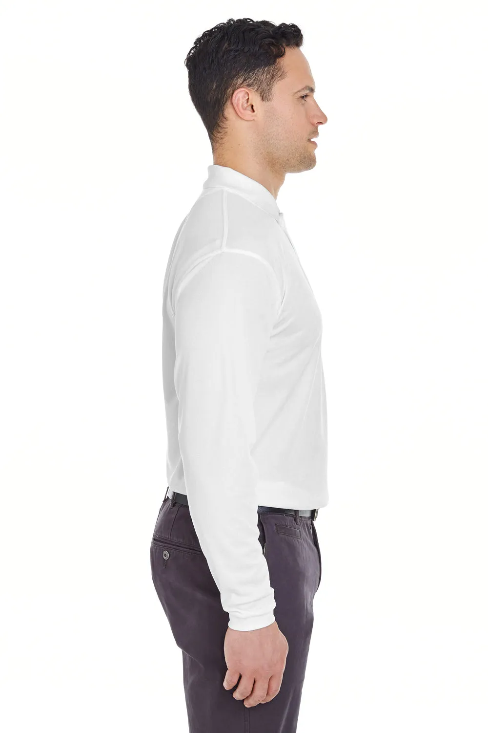 UltraClub Mens Cool & Dry Moisture Wicking Long Sleeve Polo Shirt - White