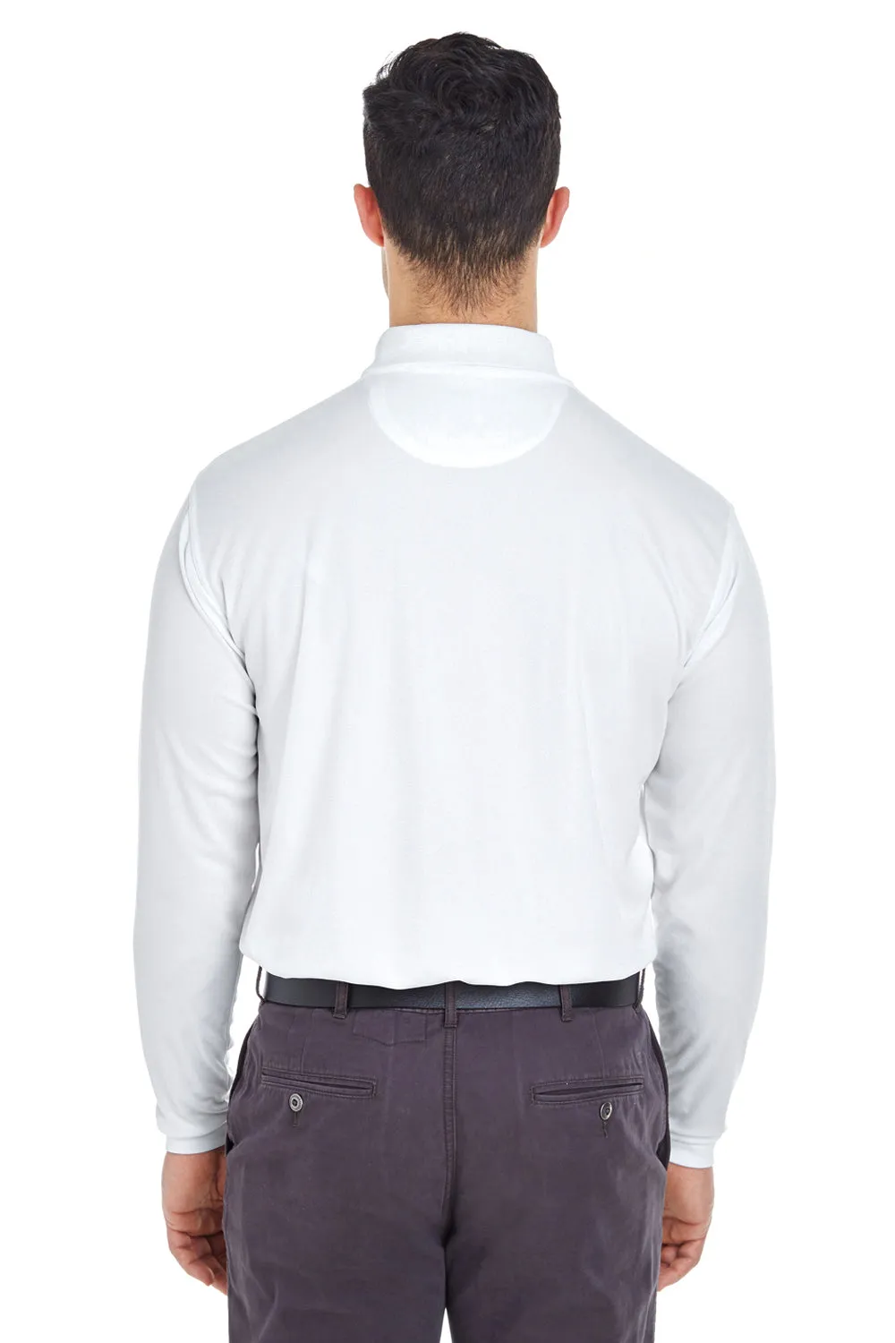 UltraClub Mens Cool & Dry Moisture Wicking Long Sleeve Polo Shirt - White