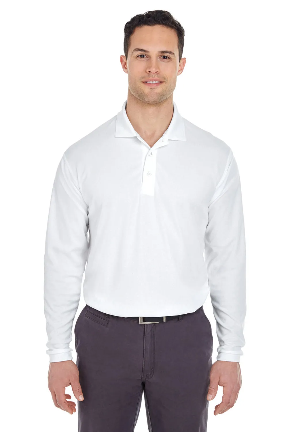 UltraClub Mens Cool & Dry Moisture Wicking Long Sleeve Polo Shirt - White